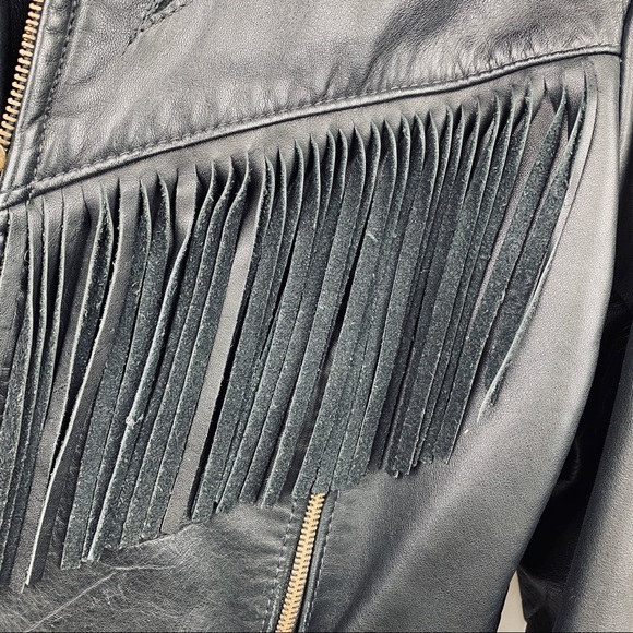 Vintage S Leather Jacket Biker Fringe Black Roses - Picture 8 of 8